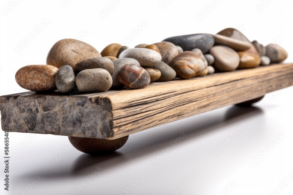Poster simple wooden bench with a pile of rocks resting on its surface. generative ai