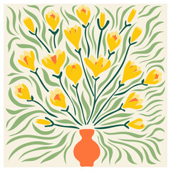 Floral retro poster with crocuses.Trendy hand drawn flowers infantile style. Seventies, groovy background.Matisse curves aesthetic.Decorative contemporary botanical elements.Vector naive art print