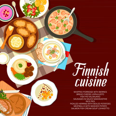 Finnish cuisine restaurant menu cover. Porridge with berries, rice pies and soup Lohikeitto, meatballs, cheese Leipajuusto and fish pie Kalakukko, herring with potatoes, sausages in sauce Nakkikastike