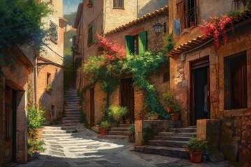 charming street scene with steps and blooming flowers. Generative AI