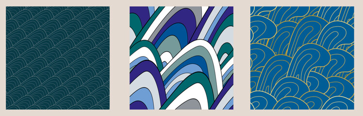 Set of blue seamless asian patterns. Art sea background vector. Contemporary multicolor design. Abstract texture. Japanese traditional style.