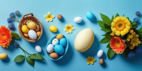 Fototapeta na wymiar Flat lay of painted eggs lies in wicker baskets with flowers and leaves on blue background, close-up. Generative AI. Concept of Easter and religious holidays