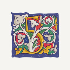 5 logo. Number five drop cap with interlaced white vine and gilding calligraphy elements. Renaissance initial emblem.