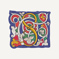 8 logo. Number eight drop cap with interlaced white vine and gilding calligraphy elements. Renaissance initial emblem.