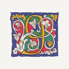 9 logo. Number nine drop cap with interlaced white vine and gilding calligraphy elements. Renaissance initial emblem.