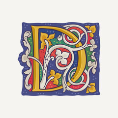 D letter drop cap logo with interlaced white vine and gilding calligraphy elements. Renaissance initial emblem.