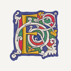 E letter drop cap logo with interlaced white vine and gilding calligraphy elements. Renaissance initial emblem.