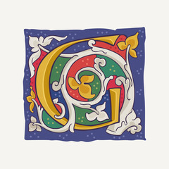 G letter drop cap logo with interlaced white vine and gilding calligraphy elements. Renaissance initial emblem.