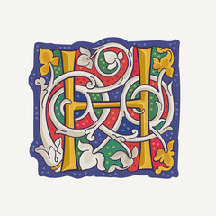 H letter drop cap logo with interlaced white vine and gilding calligraphy elements. Renaissance initial emblem.