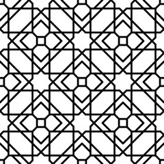 Mashrabiya arabesque arabic window pattern. Seamless islamic background with traditional ornament of vector geometric shapes, stars and floral elements. Muslim motif for mosque mosaic grid or lattice