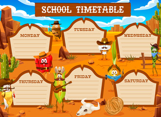 Naklejka premium Timetable schedule, cartoon cowboy and bandit vegetable characters, vector weekly planner. Onion, pepper and bean with potato cowboy and corn sheriff school or kindergarten lessons timetable schedule