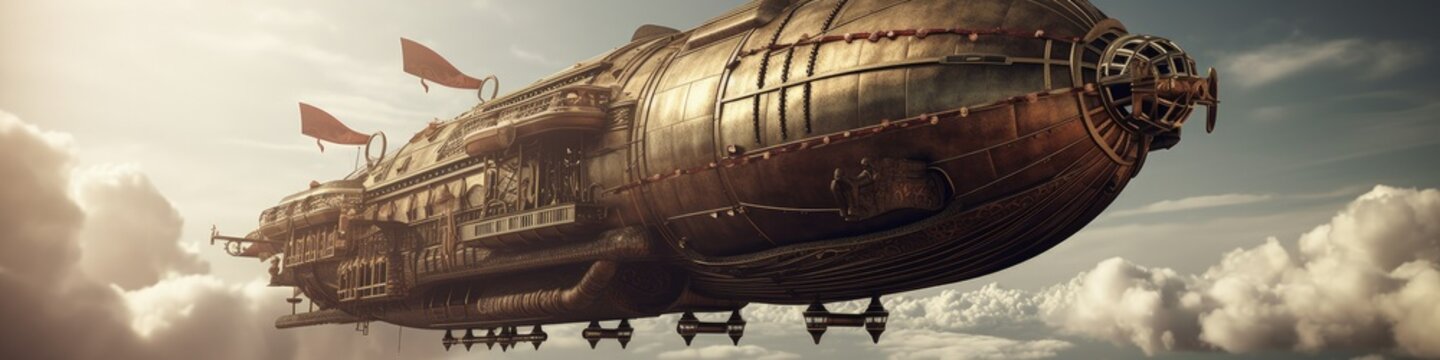 Landscape with airship in the sky with clouds, steampunk style. Generative AI