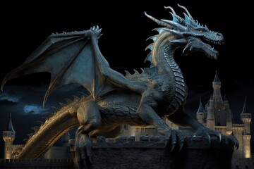 Fototapeta premium Mystical dragon illustration, castle in the background, fantasy concept. Generative AI