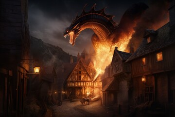 Mystical dragon illustration, medieval village on fire, fantasy concept. Generative AI