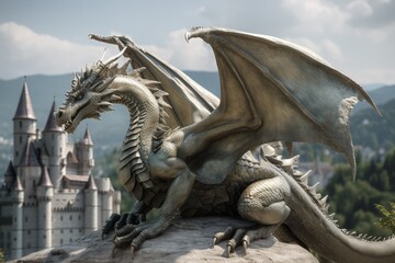 Mystical dragon illustration, castle in the background, fantasy concept. Generative AI