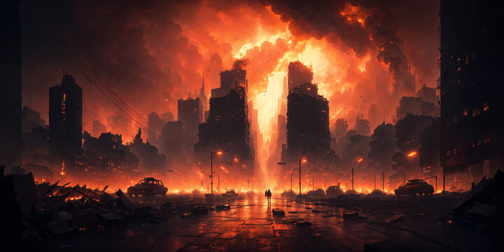destroyed city on fire background