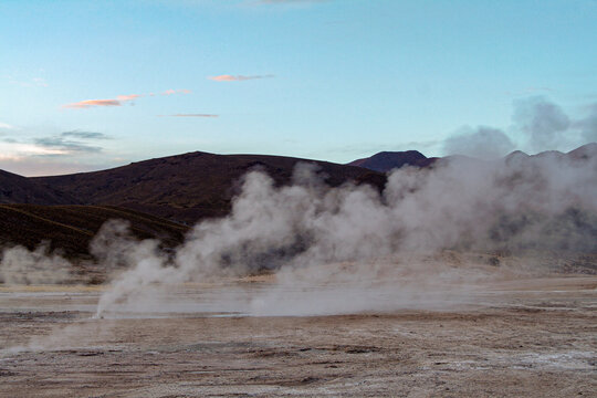 Hot springs of Banos de Puchuldiza in the Volcan Isluga National Park at sunrise, Geyser, Altiplano, Chile, South America