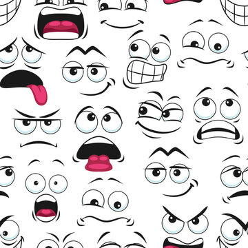 Cartoon sad emoji faces seamless pattern, giggle smile emoticons vector background. Funny kawaii or big eye faces pattern of sad, angry, shouting or scared and upset comic emoji with tongue and teeth