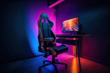 Gamer setup and chair illustration, room with neon lights. Generative AI