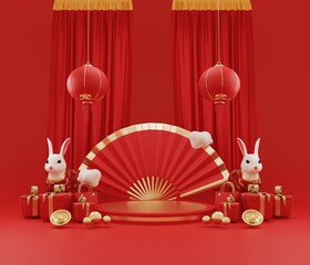 Obraz na płótnie Canvas 3D Year of the Rabbit greeting card. Illustration of fat bunny holding golden in hand showing podium and decoration curtain. gift box Translation: Auspicious. Lucky year. Year of the Rabbit.