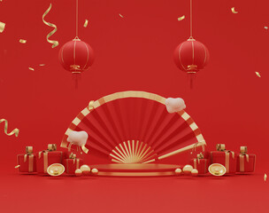 Red luxury background with product display podium elements with 3d realistic chinese new year ornament and glitter light effect and bokeh decoration. 3d illustration.