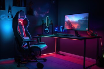 Gamer setup and chair illustration, room with neon lights. Generative AI