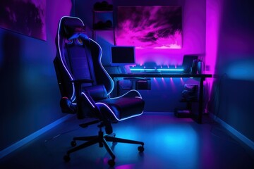 Gamer setup and chair illustration, room with neon lights. Generative AI