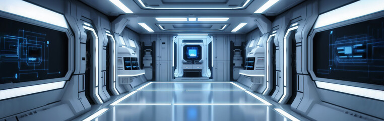 Space station or spaceship scifi style corridor or room. Grey interior with monitor and lights. Ultra modern sci-fi design. Generative AI. 