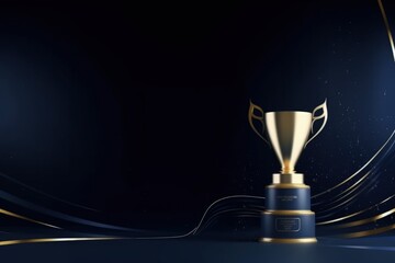 Golden trophy illustration on dark blue background, competition and business concept. Generative AI