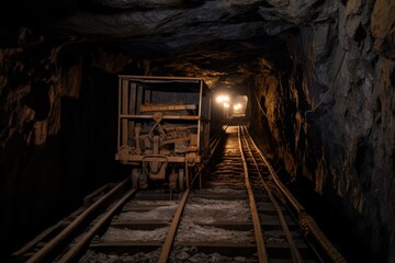 Plakat Abandoned mine illustration with trolley and rail, cryptocurrency mining concept. Generative AI