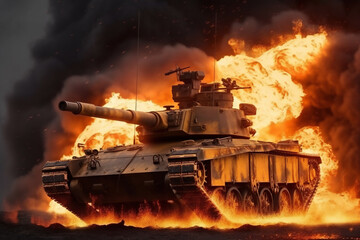 Fototapeta na wymiar Military tank in fire, digital illustration painting, industries, military