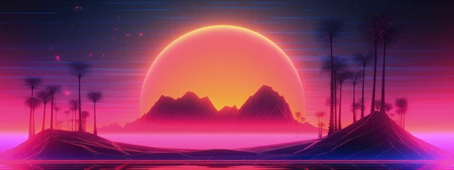 Tuinposter Landscape with sunset and canyons, retro 80s style, vaporwave. Generative AI © Deivison