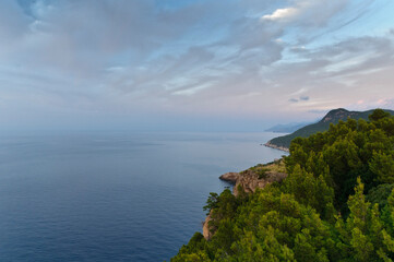 Coast between Estellencs and Banyalbufar at dusk, Majorca, Balearic Islands, Spain, Europe