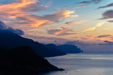 Sunset on the coast between Estellencs and Banyalbufar, Majorca, Balearic Islands, Spain, Europe