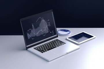 Laptop illustration with chart on screen, finance concept, background. Generative AI
