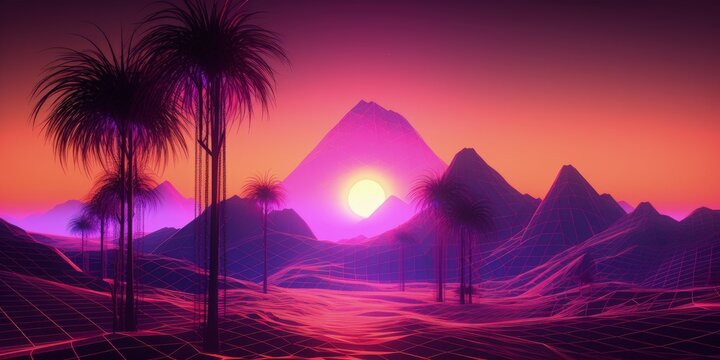 Landscape with coconut trees and desert canyons, retro style, vaporwave. Generative AI