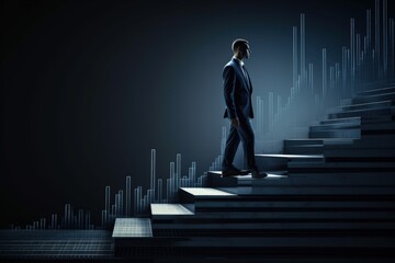 Illustration of businessman and graph, dark blue background. Generative AI