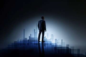 Illustration of businessman and graph, dark blue background. Generative AI