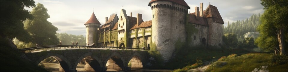 Fototapeta na wymiar Landscape with medieval castle and bridge, concept of fantasy and history. Generative AI