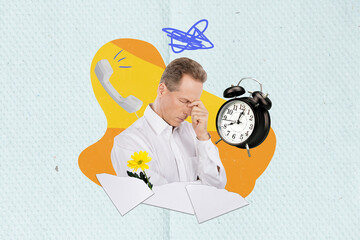 Photo collage artwork minimal picture of tired stressed guy having work deadline problem isolated...