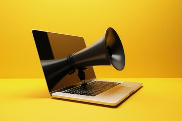 Megaphone illustration on laptop screen, yellow background, advertisement and sales concept. Generative AI