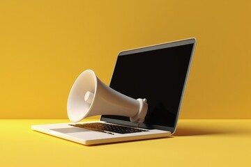 Megaphone illustration on laptop screen, yellow background, advertisement and sales concept. Generative AI