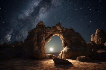 Illustration of mystical stone portal in the desert, fantasy and fiction concept. Generative AI