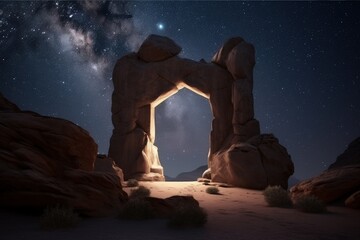 Illustration of mystical stone portal in the desert, fantasy and fiction concept. Generative AI