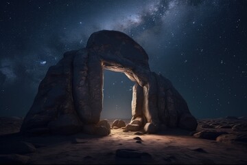 Illustration of mystical stone portal in the desert, fantasy and fiction concept. Generative AI