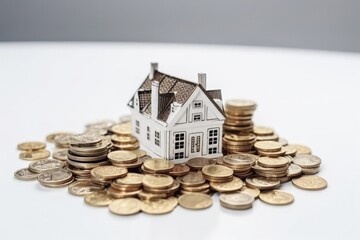 Little house and coins illustration, background, wealth concept. Generative AI