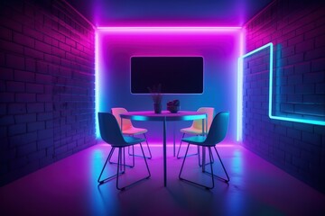 Podcast room illustration with chairs and table, neon lights, retro style. Generative AI