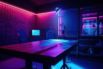 Podcast room illustration with chairs and table, neon lights, retro style. Generative AI