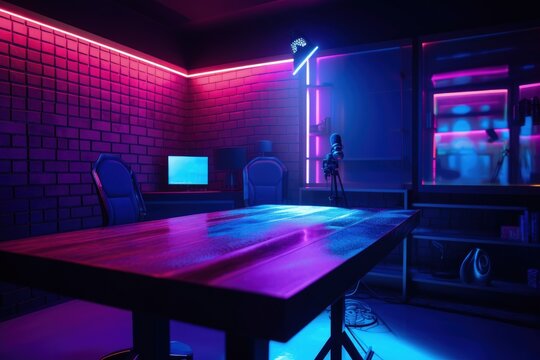 Podcast room illustration with chairs and table, neon lights, retro style. Generative AI