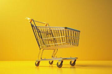 Shopping cart illustration on yellow background, sales concept. Generative AI